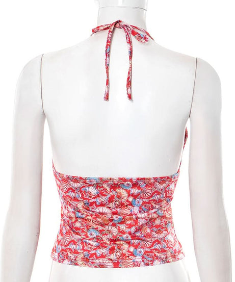 Coastal Chic Seashell Print Halter V-Neck Backless Top - Your Resort & Sunny Escape Essential