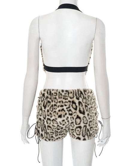 Fierce & Fluffy Leopard Print Halter Crop Top & Drawstring Shorts Set - Your Wild Side Awaits This Fall!