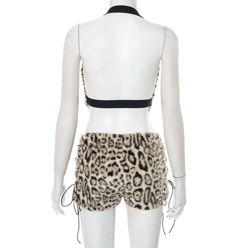 Fierce & Fluffy Leopard Print Halter Crop Top & Drawstring Shorts Set - Your Wild Side Awaits This Fall!