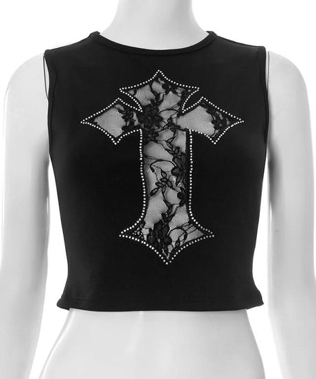 Gothic Glam Rhinestone Cross Lace Crop Top - Edgy Fall & Halloween Ready