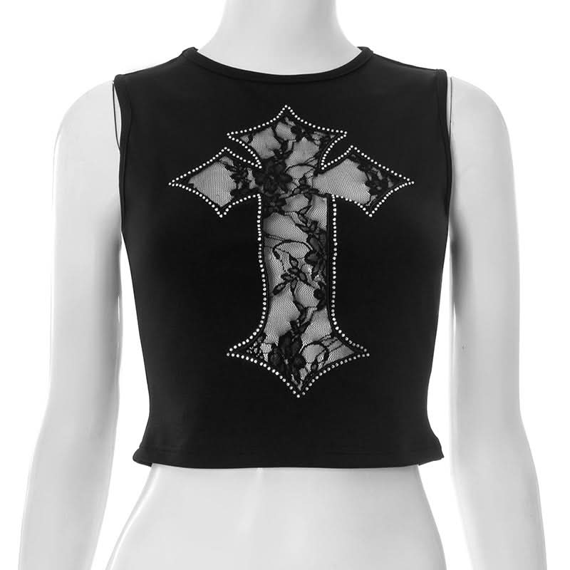 Gothic Glam Rhinestone Cross Lace Crop Top - Edgy Fall & Halloween Ready