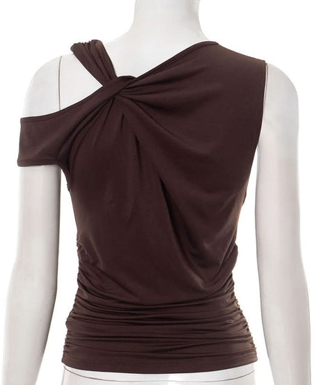 Effortless Autumn Chic: Espresso One-Shoulder Ruched Top for Flattering Fall Style