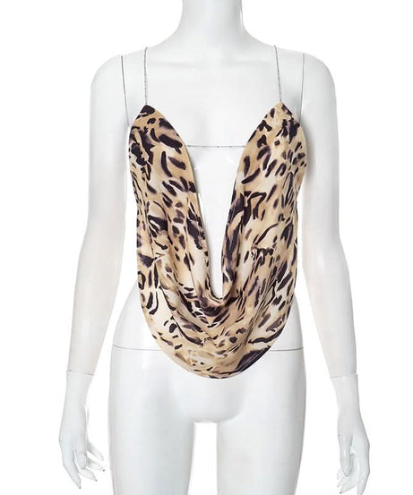 Sultry Leopard Print Cowl Neck Top with Chain Cross-Back – Your Fall & Holiday Statement Piece