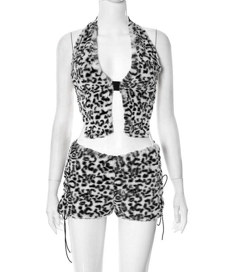 Fierce & Fluffy Leopard Print Halter Crop Top & Drawstring Shorts Set - Your Wild Side Awaits This Fall!
