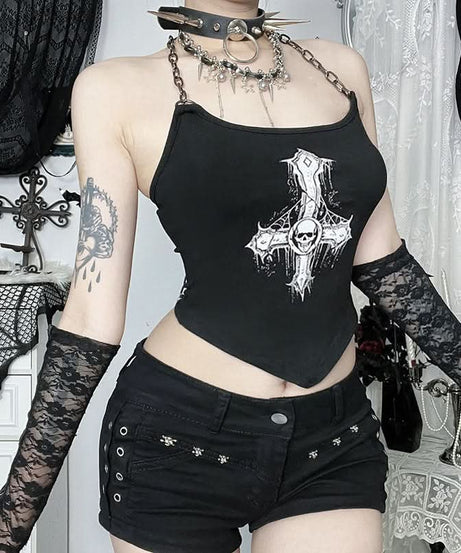 Edgy Gothic Inverted Cross Skull Chain Halter Crop Top - Spooky Season Style