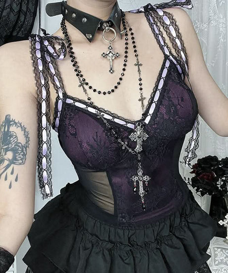 Hauntingly Chic Purple Lace Corset Cami Top - Gothic Romance & Spooky Season Style