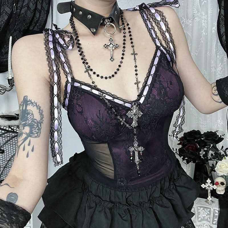 Hauntingly Chic Purple Lace Corset Cami Top - Gothic Romance & Spooky Season Style
