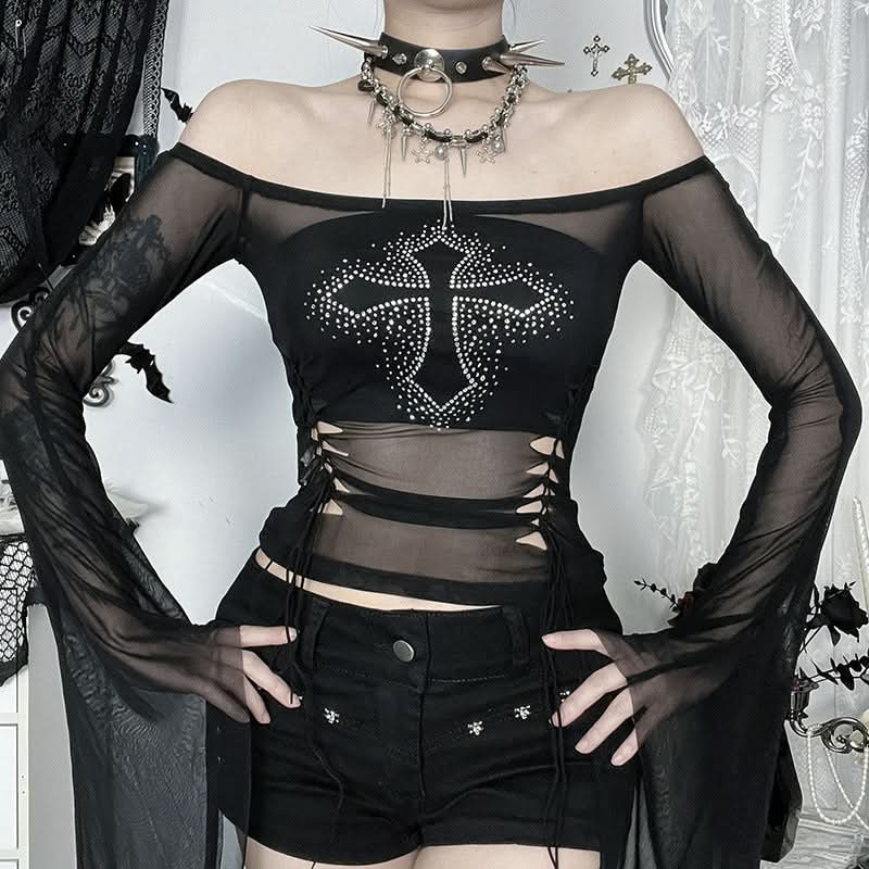 Bewitching Black Mesh Off-Shoulder Top: Rhinestone Cross & Flared Sleeves for Fall & Halloween