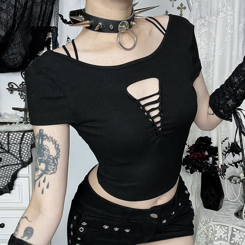 Edgy Gothic Distressed Cut-Out Crop Top - Spooky Season Style