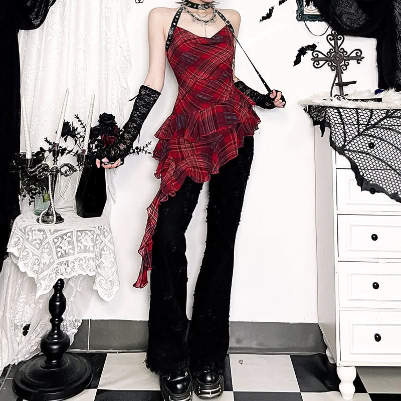 Fall Punk Plaid Asymmetrical Halter Top - Edgy Buckle & Ruffle for Halloween & Beyond
