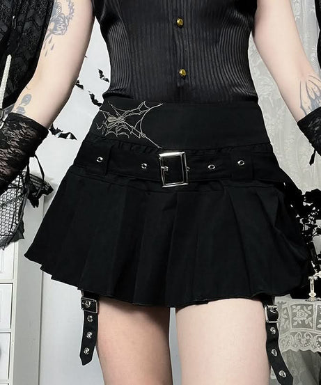 Gothic Spiderweb Pleated Mini Skirt | Buckle Belt & Garter Straps | Edgy Halloween & Fall Style
