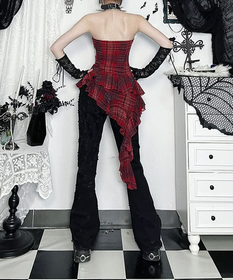 Fall Punk Plaid Asymmetrical Halter Top - Edgy Buckle & Ruffle for Halloween & Beyond