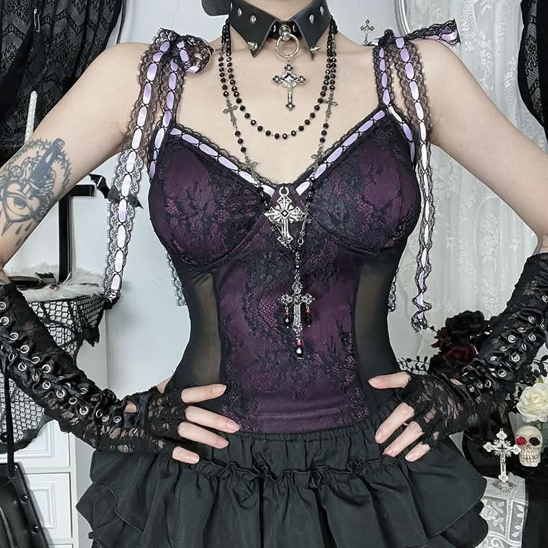 Hauntingly Chic Purple Lace Corset Cami Top - Gothic Romance & Spooky Season Style