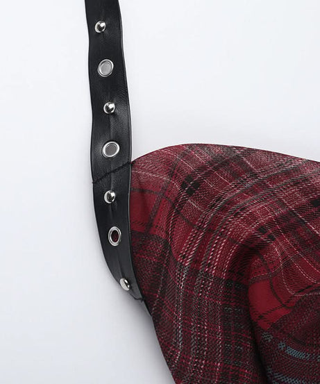 Fall Punk Plaid Asymmetrical Halter Top - Edgy Buckle & Ruffle for Halloween & Beyond