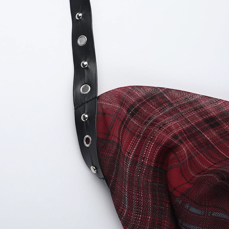 Fall Punk Plaid Asymmetrical Halter Top - Edgy Buckle & Ruffle for Halloween & Beyond