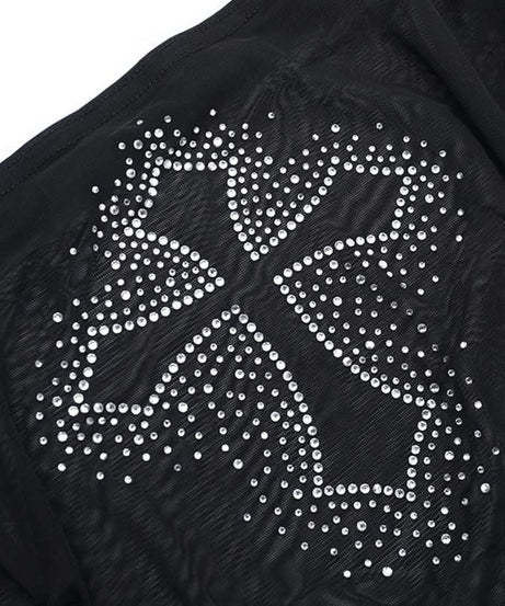 Bewitching Black Mesh Off-Shoulder Top: Rhinestone Cross & Flared Sleeves for Fall & Halloween