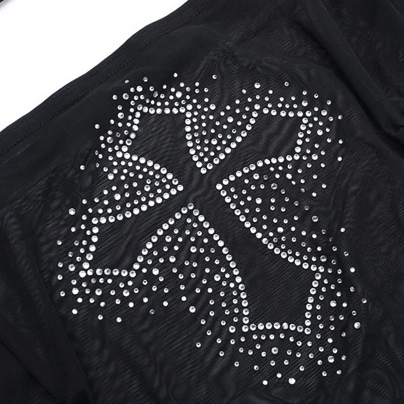 Bewitching Black Mesh Off-Shoulder Top: Rhinestone Cross & Flared Sleeves for Fall & Halloween