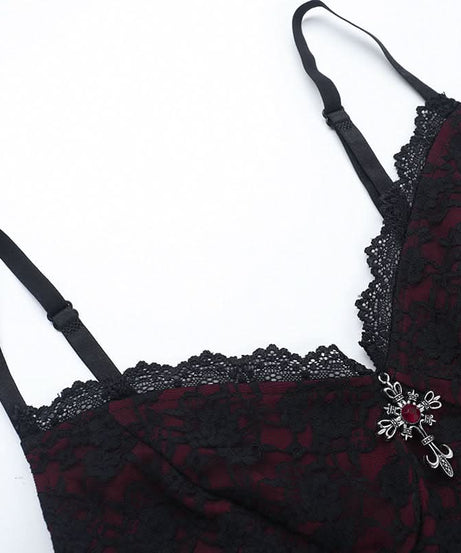 Gothic Vampire Red Lace Corset Cami Top - Spooky Season & Fall Fashion Must-Have