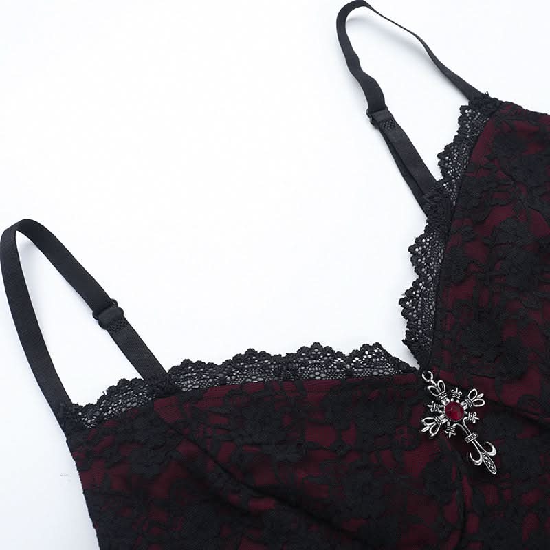 Gothic Vampire Red Lace Corset Cami Top - Spooky Season & Fall Fashion Must-Have