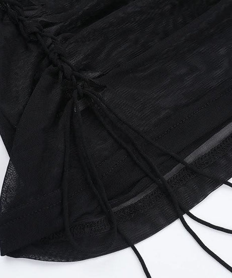 Bewitching Black Mesh Off-Shoulder Top: Rhinestone Cross & Flared Sleeves for Fall & Halloween