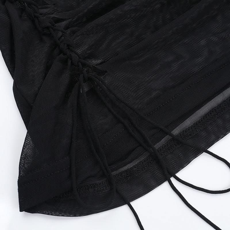 Bewitching Black Mesh Off-Shoulder Top: Rhinestone Cross & Flared Sleeves for Fall & Halloween