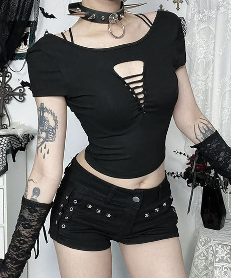 Edgy Gothic Distressed Cut-Out Crop Top - Spooky Season Style
