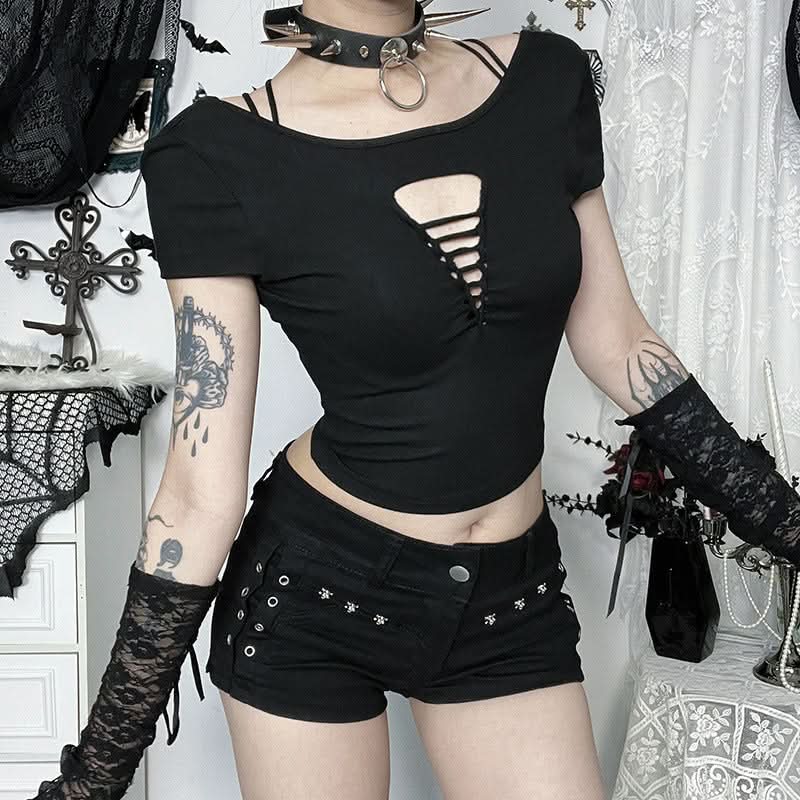 Edgy Gothic Distressed Cut-Out Crop Top - Spooky Season Style