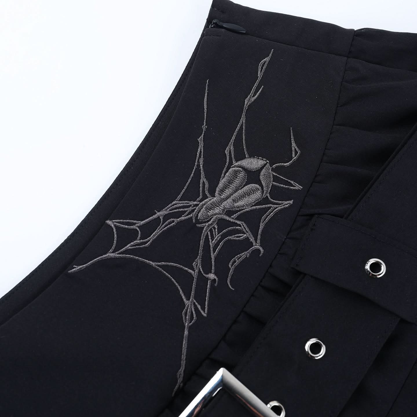 Gothic Spiderweb Pleated Mini Skirt | Buckle Belt & Garter Straps | Edgy Halloween & Fall Style