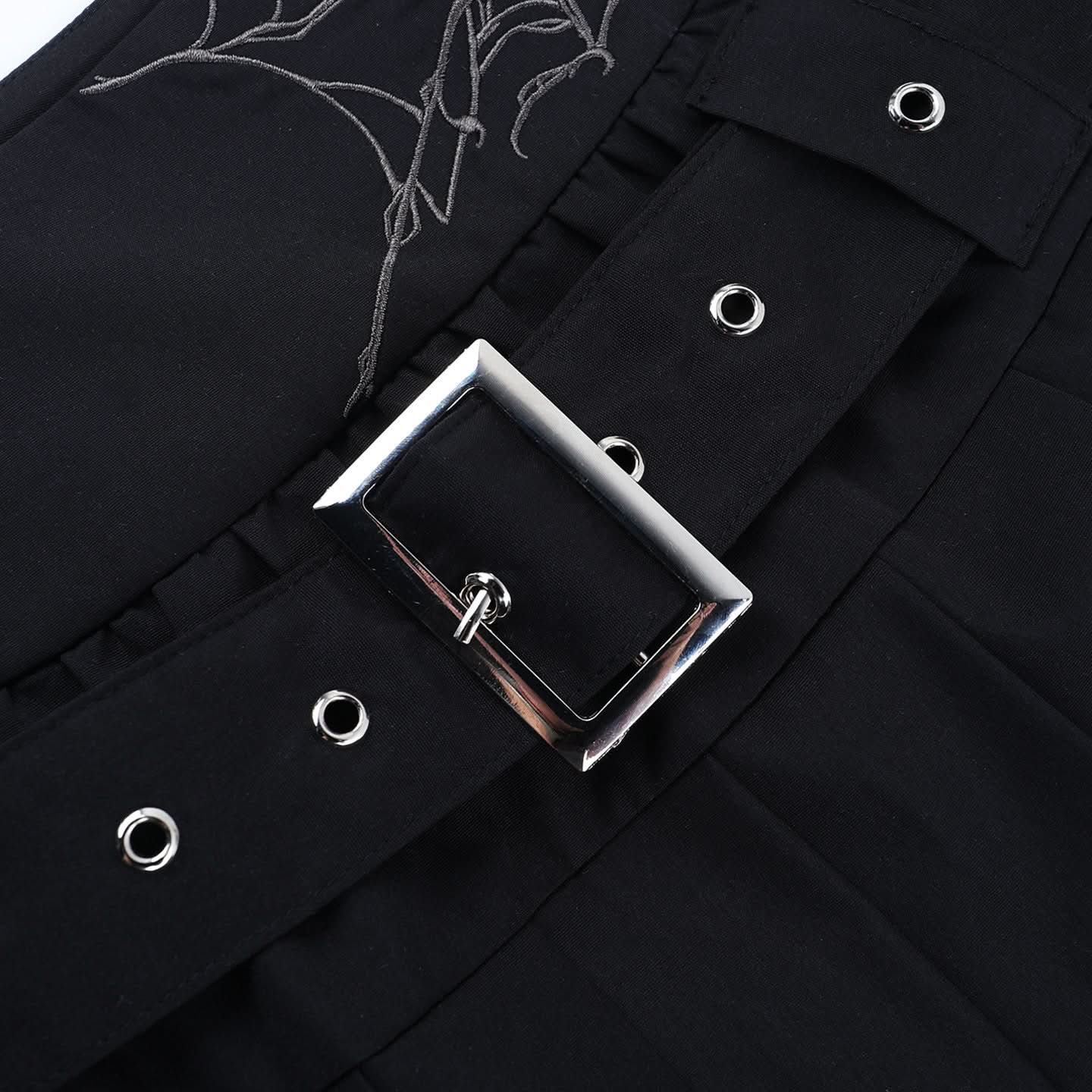 Gothic Spiderweb Pleated Mini Skirt | Buckle Belt & Garter Straps | Edgy Halloween & Fall Style