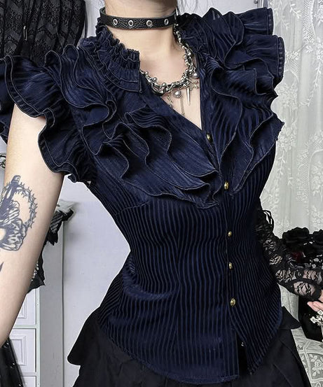 Victorian Romance Midnight Velvet Ruffle Blouse - Dark Academia Fall Statement Top