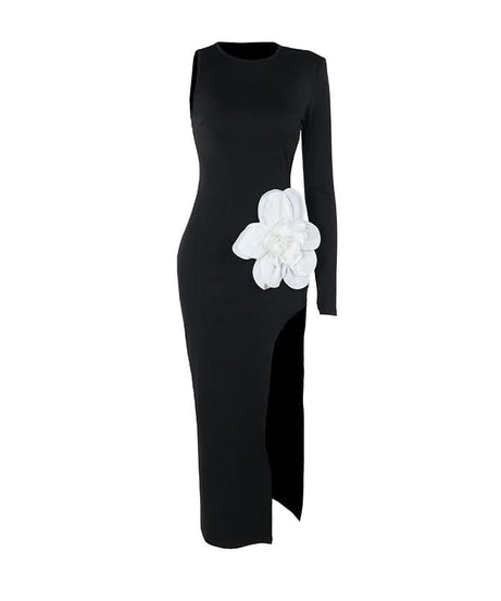 Fall & Holiday Statement: Asymmetrical Black Maxi Dress with 3D Floral Appliqué & High Slit