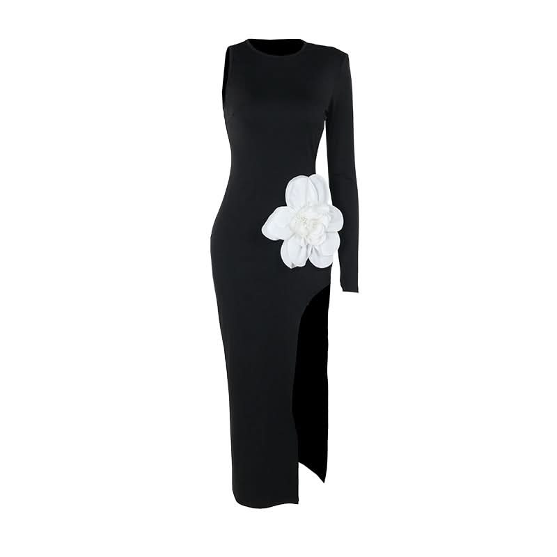 Fall & Holiday Statement: Asymmetrical Black Maxi Dress with 3D Floral Appliqué & High Slit