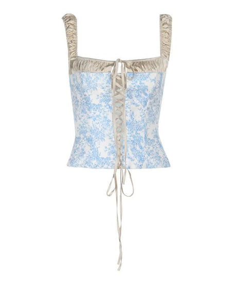 Romantic Blue Toile Print Corset Top - Square Neck Lace-Up Bustier for Fall Chic