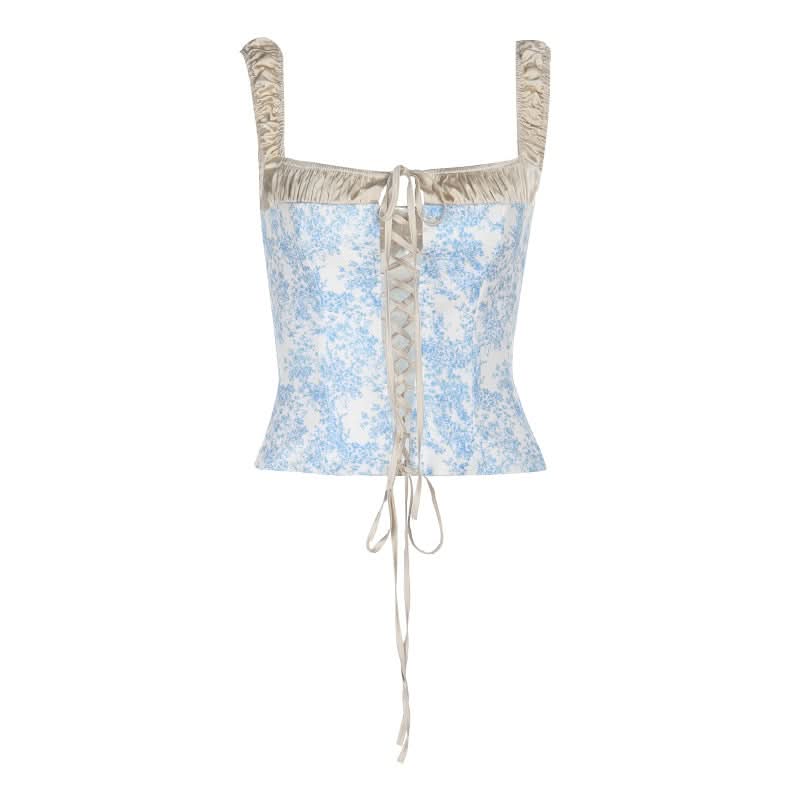 Romantic Blue Toile Print Corset Top - Square Neck Lace-Up Bustier for Fall Chic