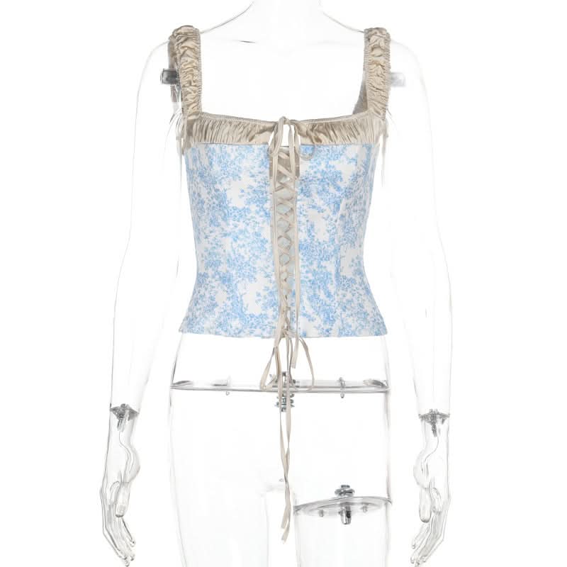 Romantic Blue Toile Print Corset Top - Square Neck Lace-Up Bustier for Fall Chic