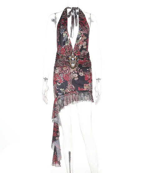 Head-Turning Autumn Allure: Leopard Floral Asymmetrical Halter Mini Dress with Deep V