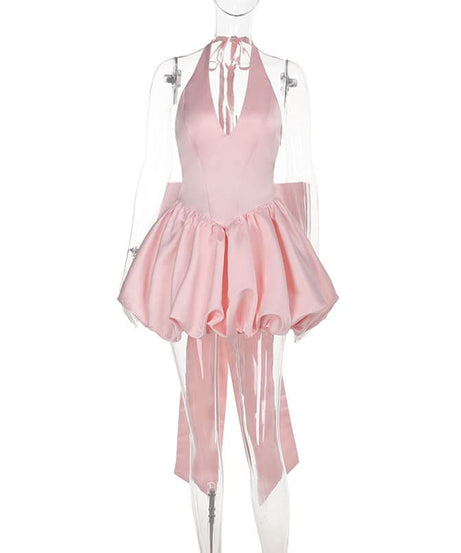 Glamorous Pink Halter Bubble Mini Dress with Statement Tie | Your Ultimate Party & Holiday Staple
