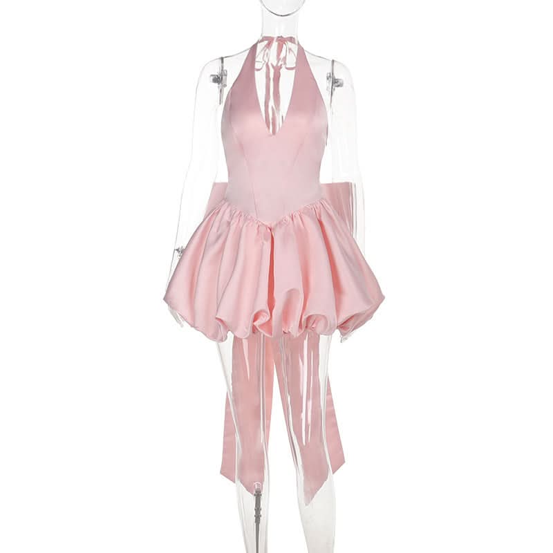 Glamorous Pink Halter Bubble Mini Dress with Statement Tie | Your Ultimate Party & Holiday Staple