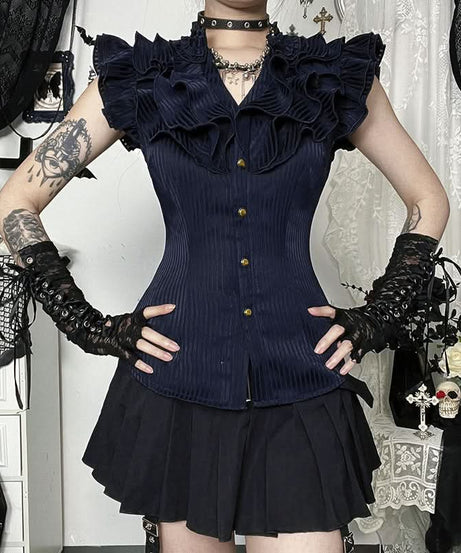 Victorian Romance Midnight Velvet Ruffle Blouse - Dark Academia Fall Statement Top