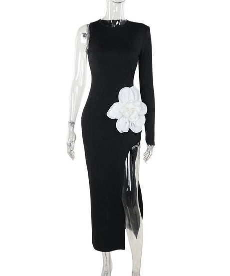 Fall & Holiday Statement: Asymmetrical Black Maxi Dress with 3D Floral Appliqué & High Slit