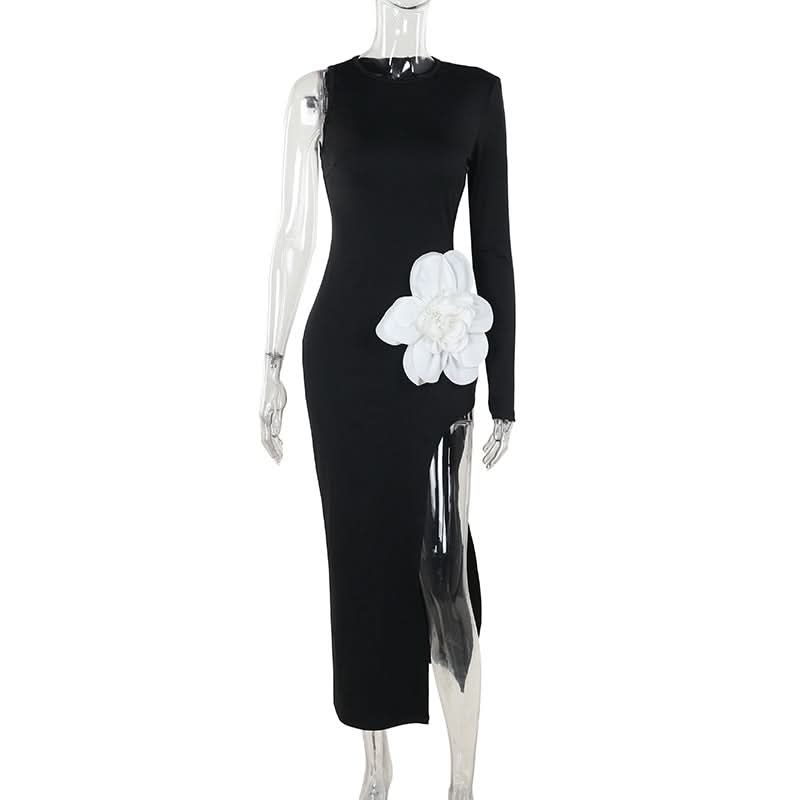 Fall & Holiday Statement: Asymmetrical Black Maxi Dress with 3D Floral Appliqué & High Slit