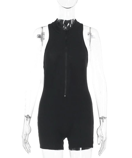 Sleek & Versatile Black Zip-Up Romper for Women - Effortless Fall Style & Active Comfort
