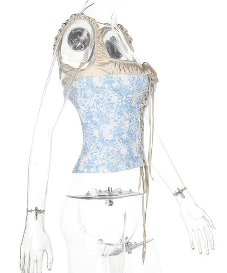 Romantic Blue Toile Print Corset Top - Square Neck Lace-Up Bustier for Fall Chic