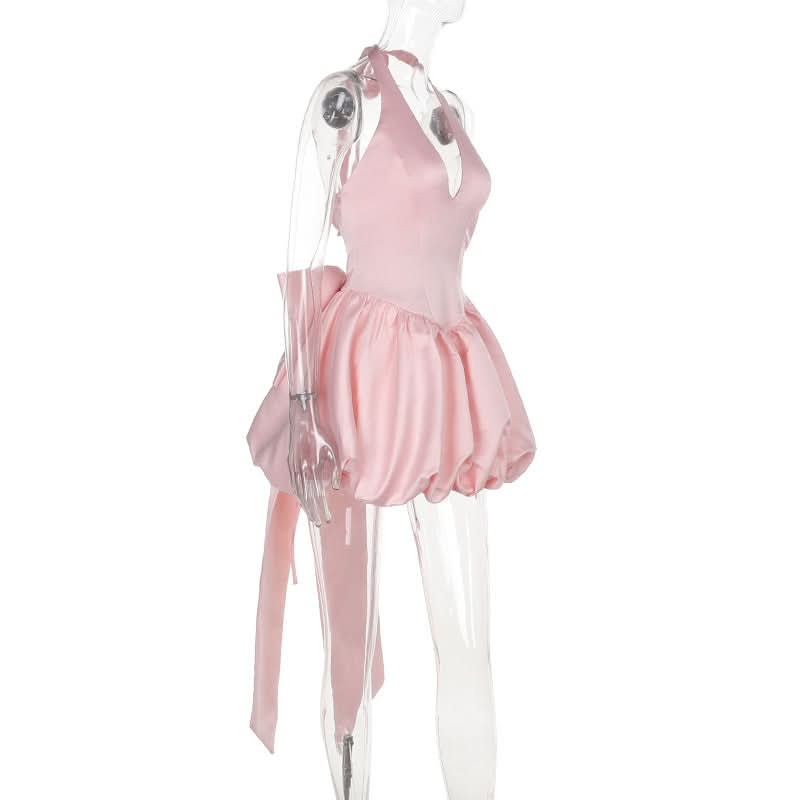 Glamorous Pink Halter Bubble Mini Dress with Statement Tie | Your Ultimate Party & Holiday Staple
