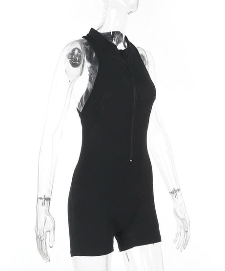 Sleek & Versatile Black Zip-Up Romper for Women - Effortless Fall Style & Active Comfort