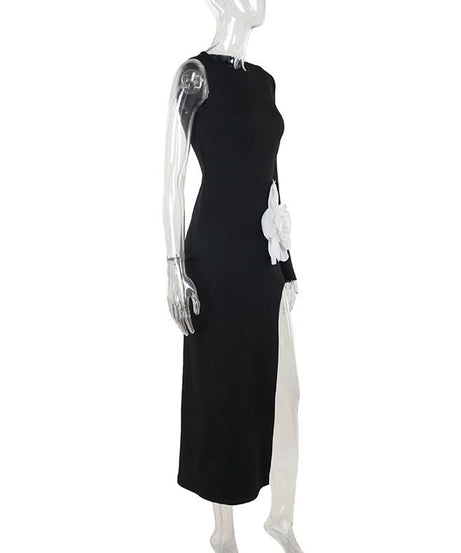 Fall & Holiday Statement: Asymmetrical Black Maxi Dress with 3D Floral Appliqué & High Slit