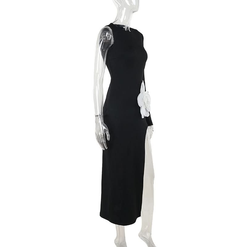 Fall & Holiday Statement: Asymmetrical Black Maxi Dress with 3D Floral Appliqué & High Slit