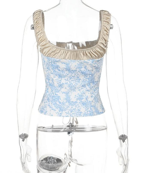 Romantic Blue Toile Print Corset Top - Square Neck Lace-Up Bustier for Fall Chic