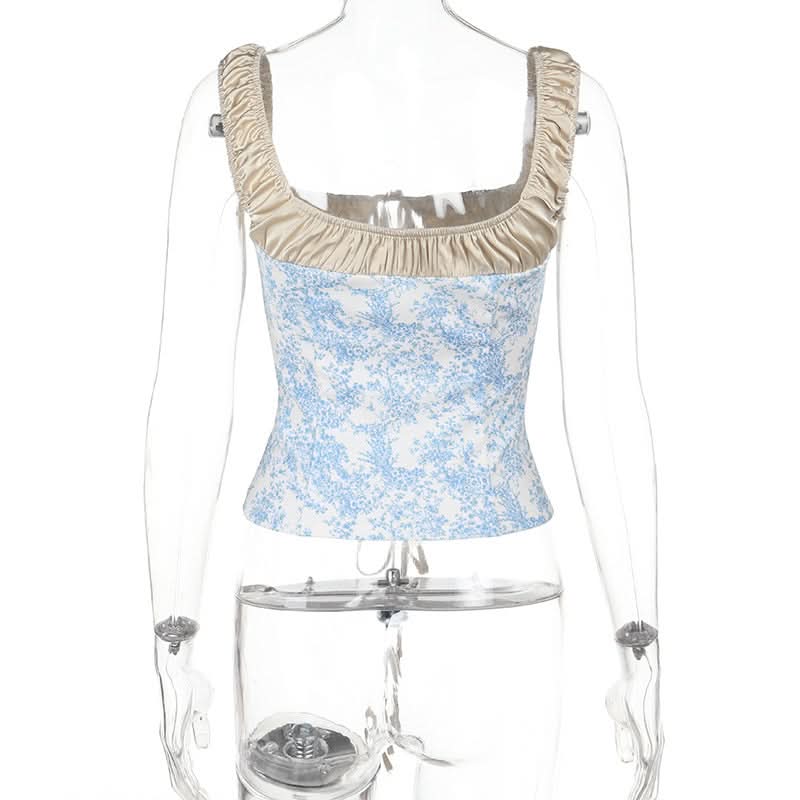 Romantic Blue Toile Print Corset Top - Square Neck Lace-Up Bustier for Fall Chic