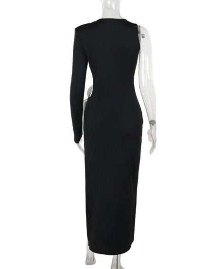 Fall & Holiday Statement: Asymmetrical Black Maxi Dress with 3D Floral Appliqué & High Slit